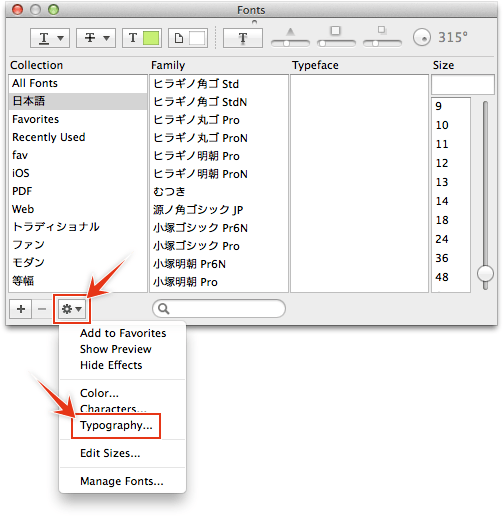 Fontsパネルの歯車をから、Typograpy...を選択する